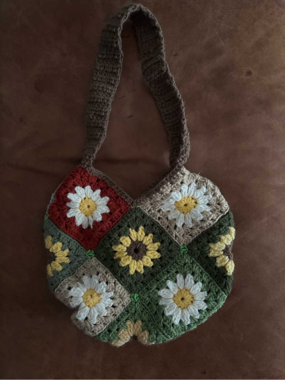 Crocheted Floral Hobo Bag in Green, Brown and Red